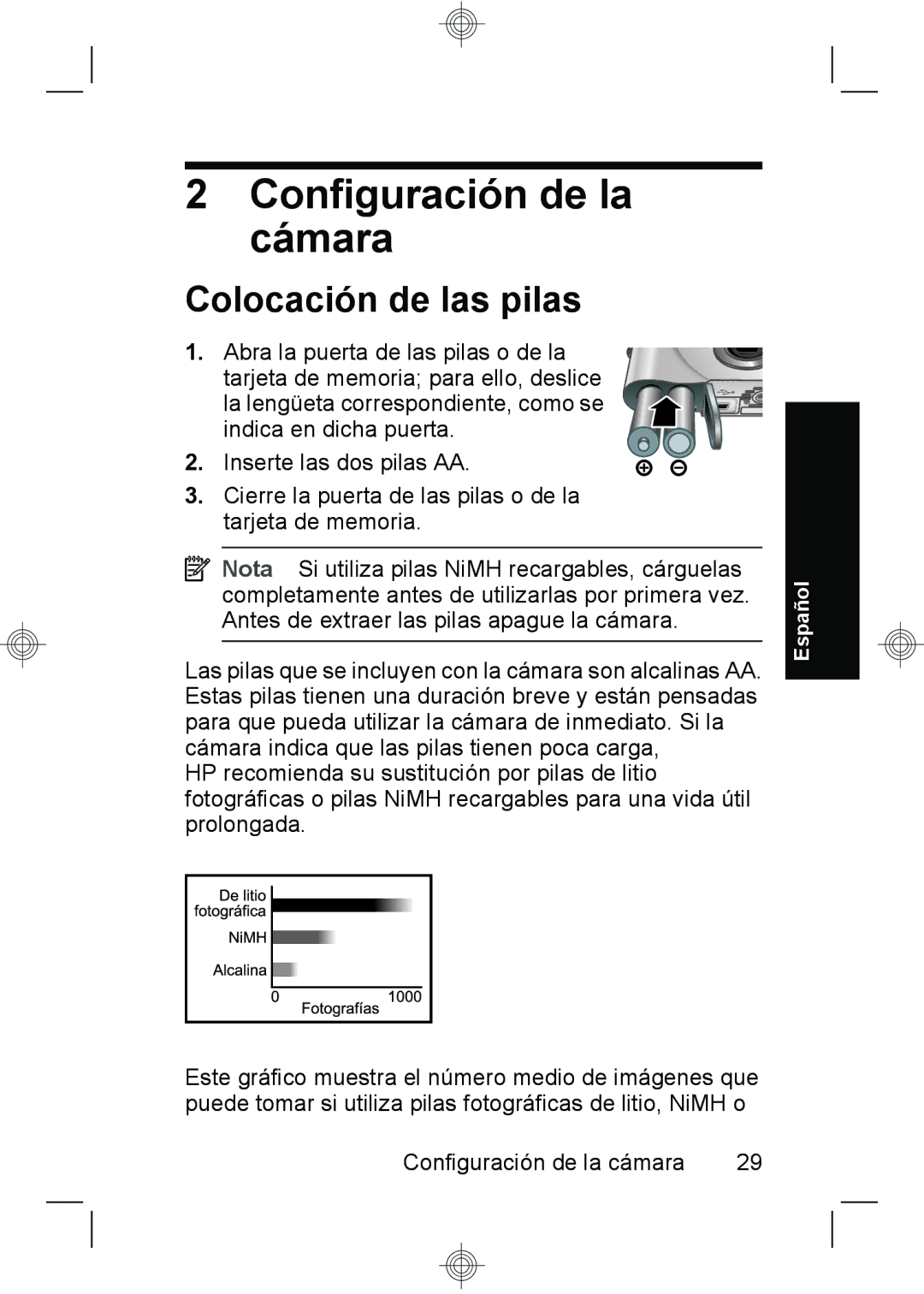 HP E330 manual Configuración de la cámara, Colocación de las pilas 