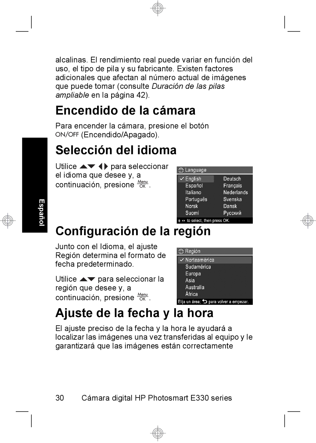 HP E330 manual Encendido de la cámara, Selección del idioma, Configuración de la región, Ajuste de la fecha y la hora 