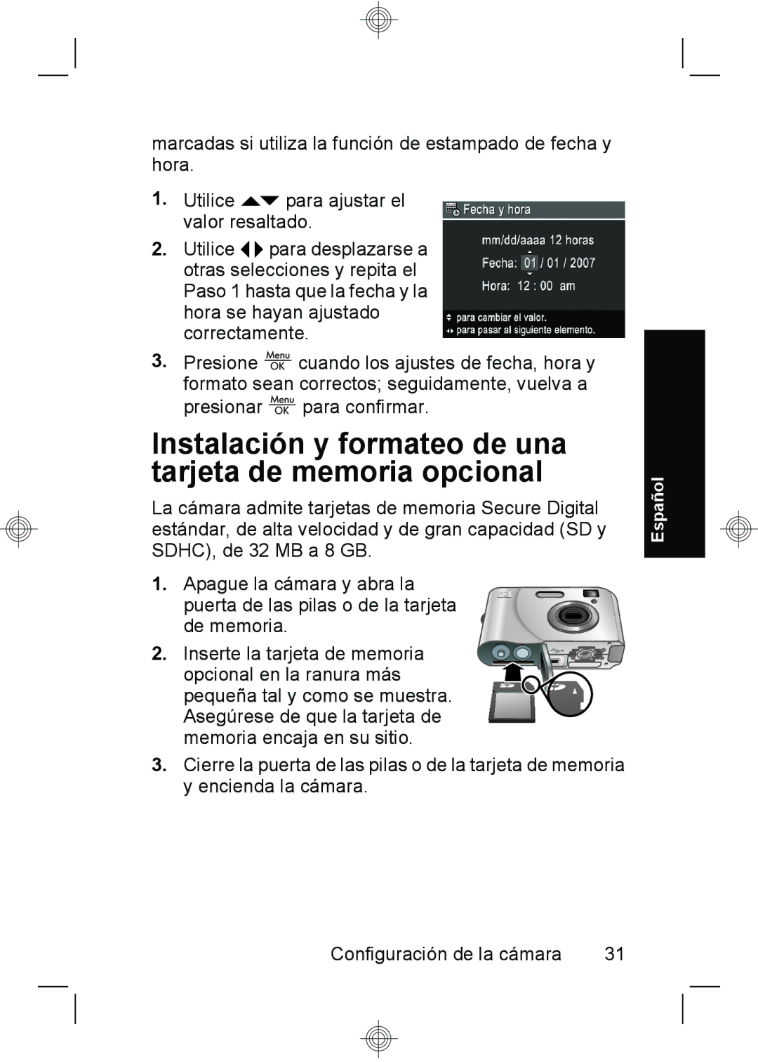 HP E330 manual Instalación y formateo de una tarjeta de memoria opcional 