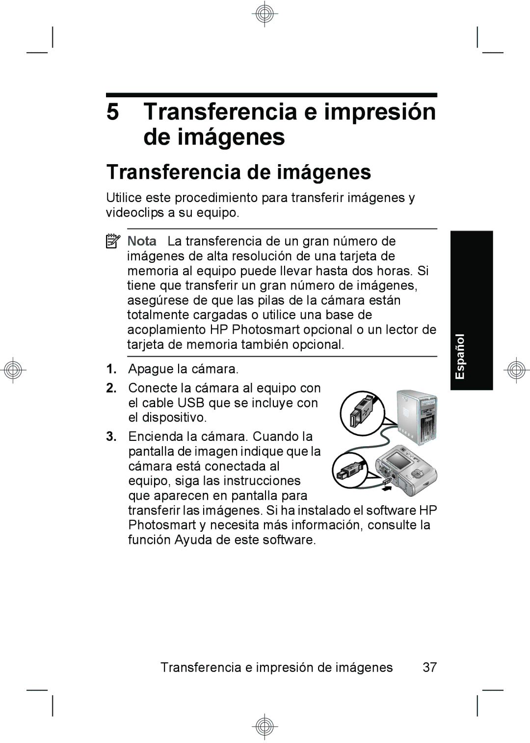 HP E330 manual Transferencia e impresión de imágenes, Transferencia de imágenes 