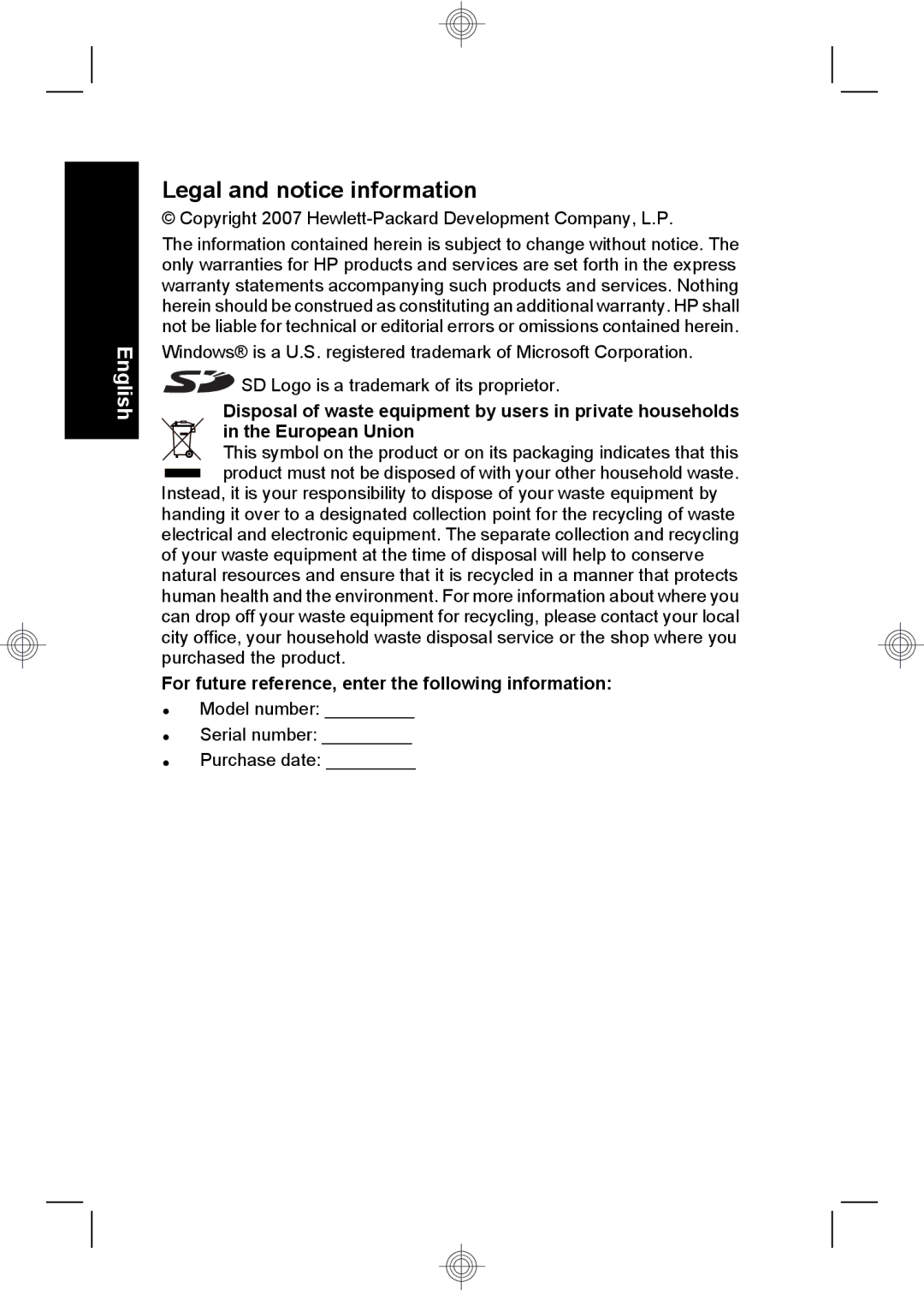 HP E330 manual Legal and notice information, Copyright 2007 Hewlett-Packard Development Company, L.P 