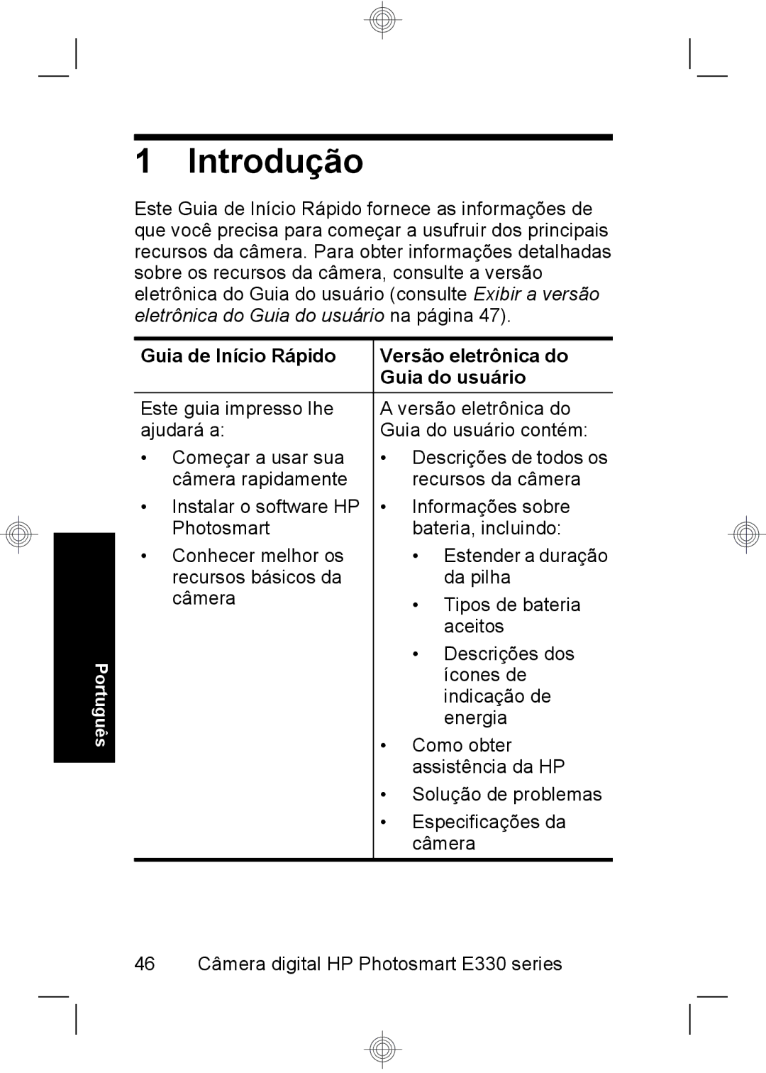 HP E330 manual Introdução, Guia de Início Rápido Versão eletrônica do Guia do usuário 