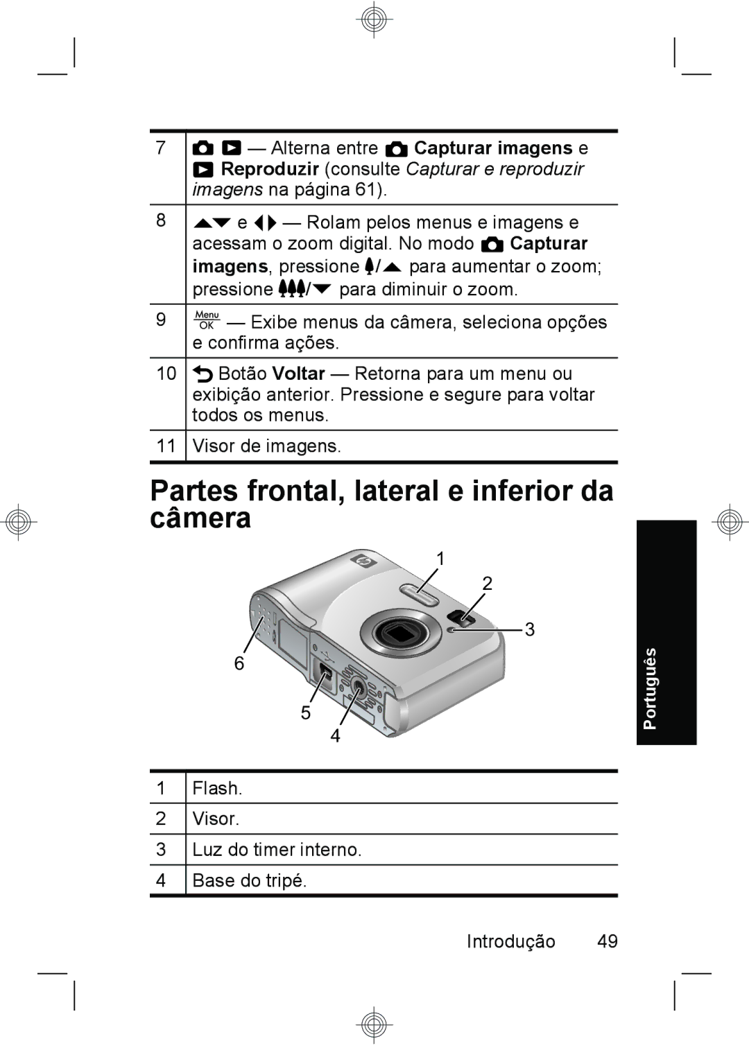 HP E330 manual Partes frontal, lateral e inferior da câmera, Reproduzir consulte Capturar e reproduzir imagens na página 