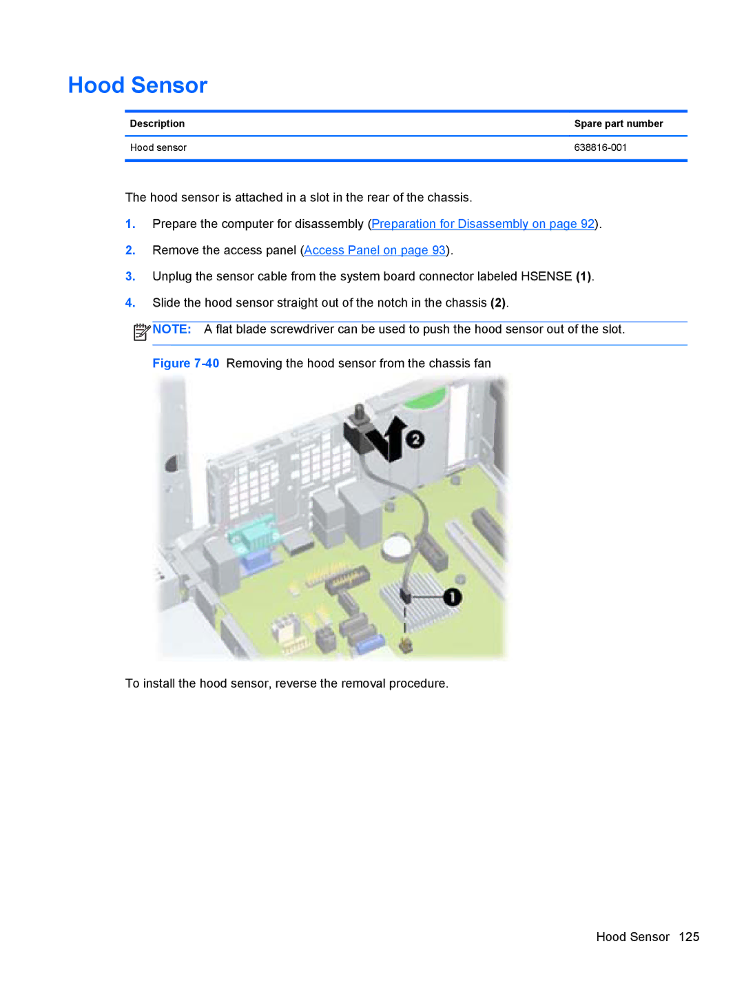 HP E3S33UT#ABA, E3S36UT#ABA, Pro 6305 C1E21UT#ABA manual Hood Sensor, Description Spare part number Hood sensor 638816-001 