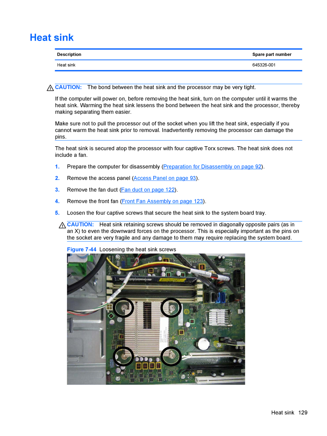 HP Pro 6305 C1E21UT#ABA, E3S36UT#ABA, E3S33UT#ABA manual 44Loosening the heat sink screws Heat sink 