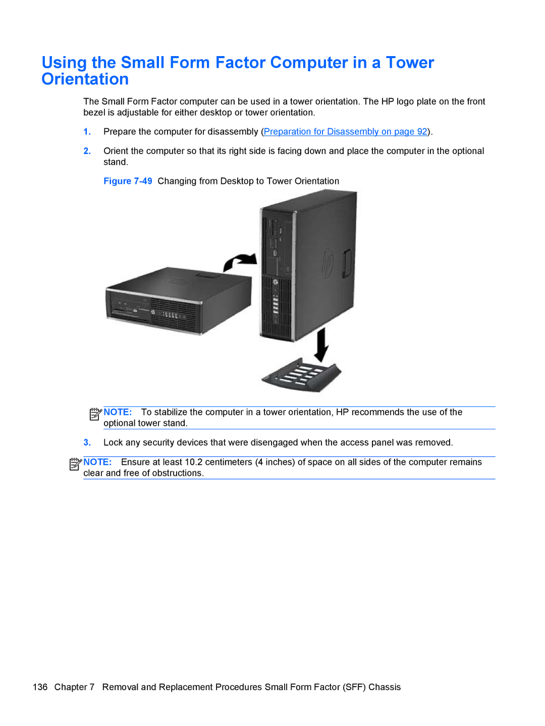 HP E3S36UT#ABA, E3S33UT#ABA, Pro 6305 C1E21UT#ABA manual Using the Small Form Factor Computer in a Tower Orientation 