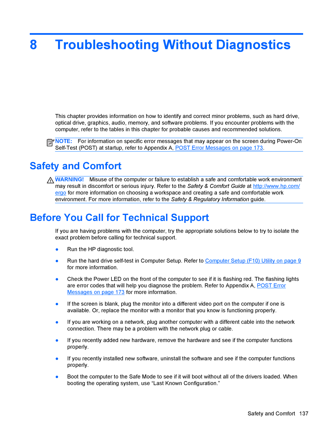 HP E3S33UT#ABA, E3S36UT#ABA Troubleshooting Without Diagnostics, Safety and Comfort Before You Call for Technical Support 