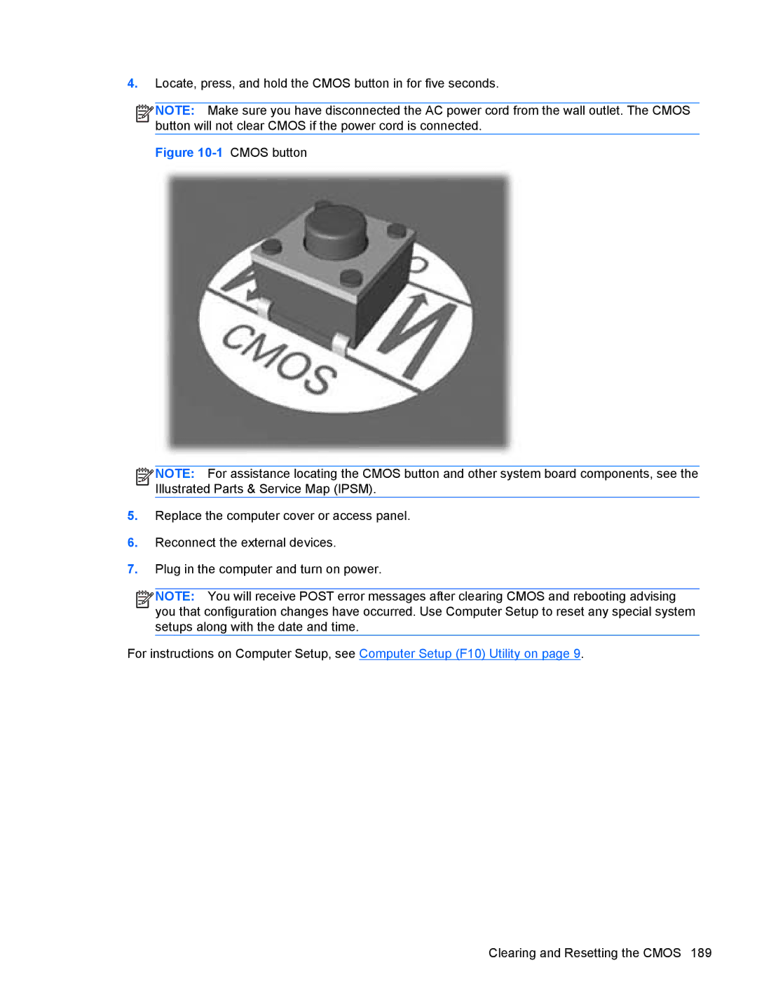 HP Pro 6305 C1E21UT#ABA, E3S36UT#ABA, E3S33UT#ABA manual Cmos button 