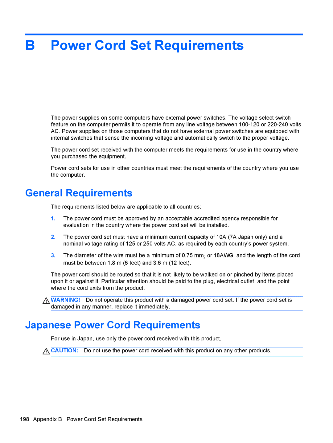 HP Pro 6305 C1E21UT#ABA, E3S36UT#ABA, E3S33UT#ABA manual General Requirements, Japanese Power Cord Requirements 