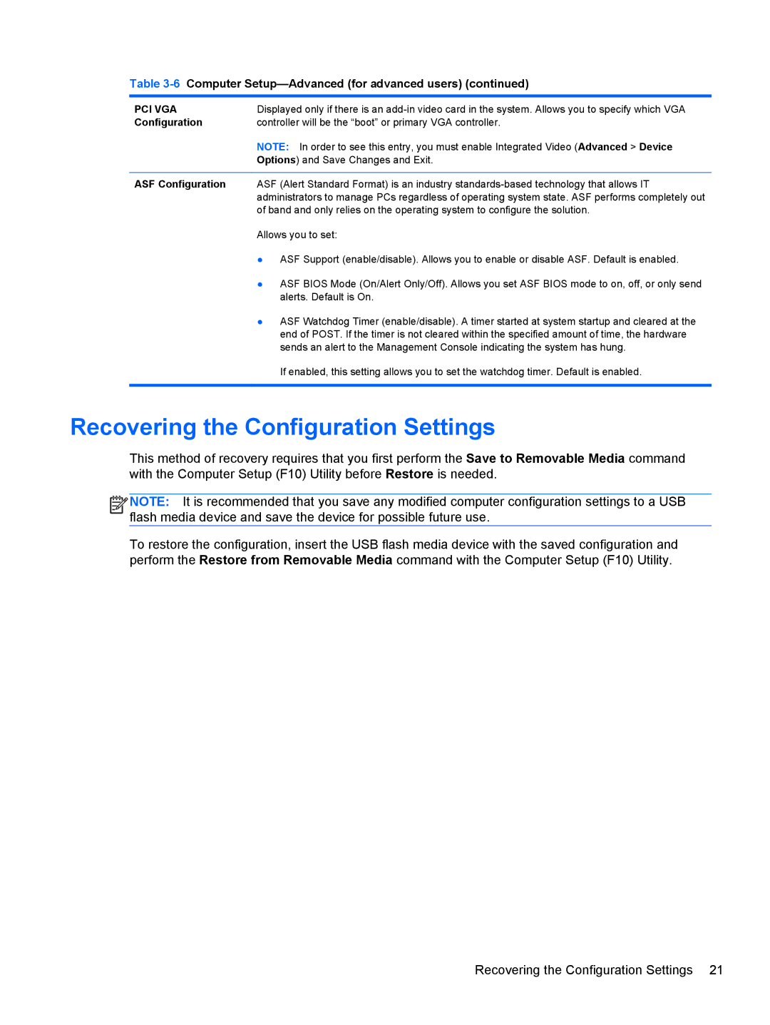 HP Pro 6305 C1E21UT#ABA, E3S36UT#ABA, E3S33UT#ABA manual Recovering the Configuration Settings, ASF Configuration 