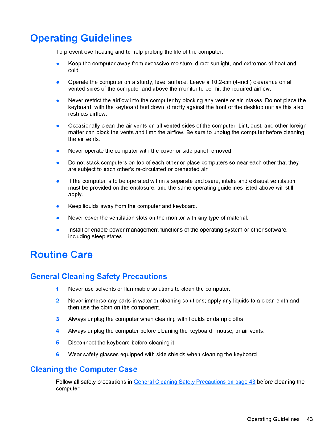 HP E3S36UT#ABA manual Operating Guidelines, Routine Care, General Cleaning Safety Precautions, Cleaning the Computer Case 