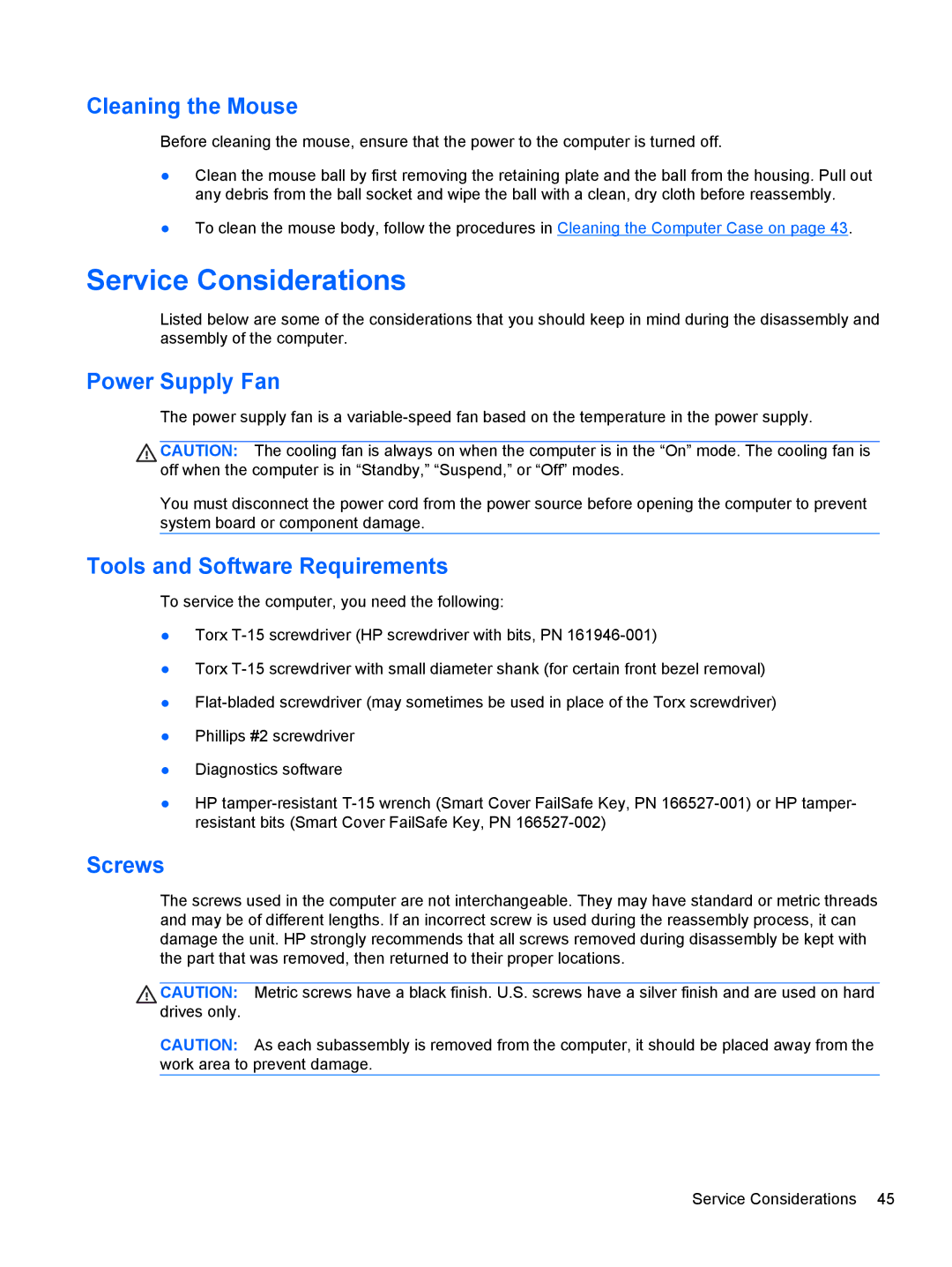 HP Pro 6305 C1E21UT#ABA Service Considerations, Cleaning the Mouse, Power Supply Fan, Tools and Software Requirements 