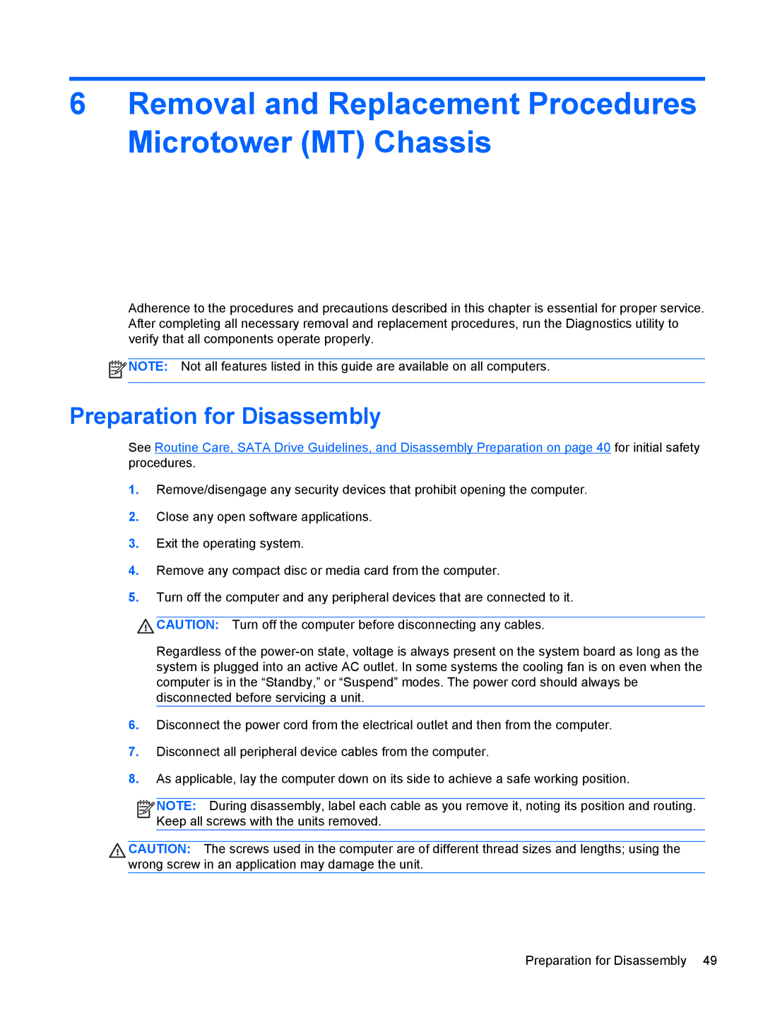 HP E3S36UT#ABA, E3S33UT#ABA manual Removal and Replacement Procedures Microtower MT Chassis, Preparation for Disassembly 