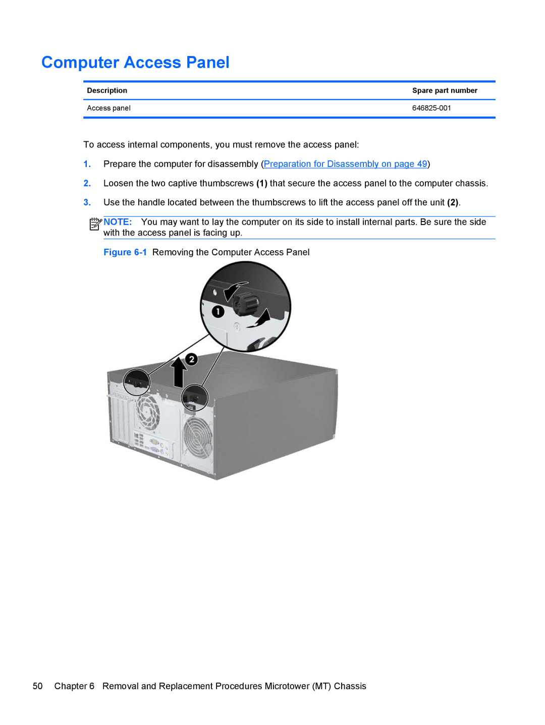HP E3S33UT#ABA, E3S36UT#ABA manual Computer Access Panel, Description Spare part number Access panel 646825-001 