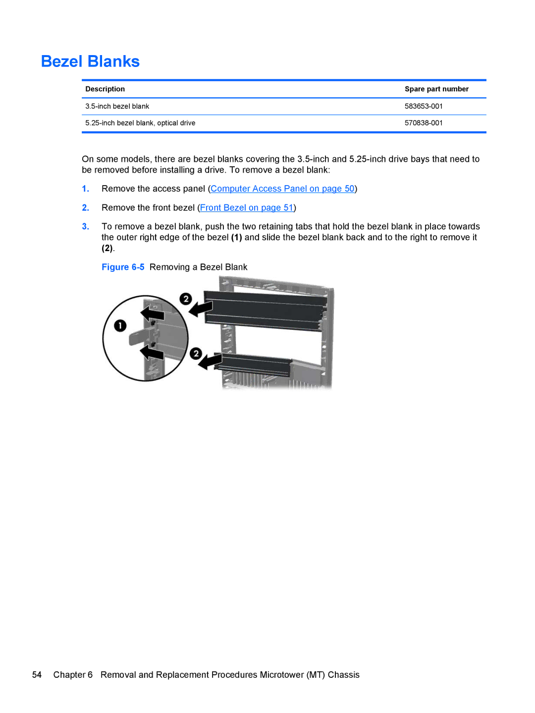 HP Pro 6305 C1E21UT#ABA, E3S36UT#ABA, E3S33UT#ABA manual Bezel Blanks, Description Spare part number 