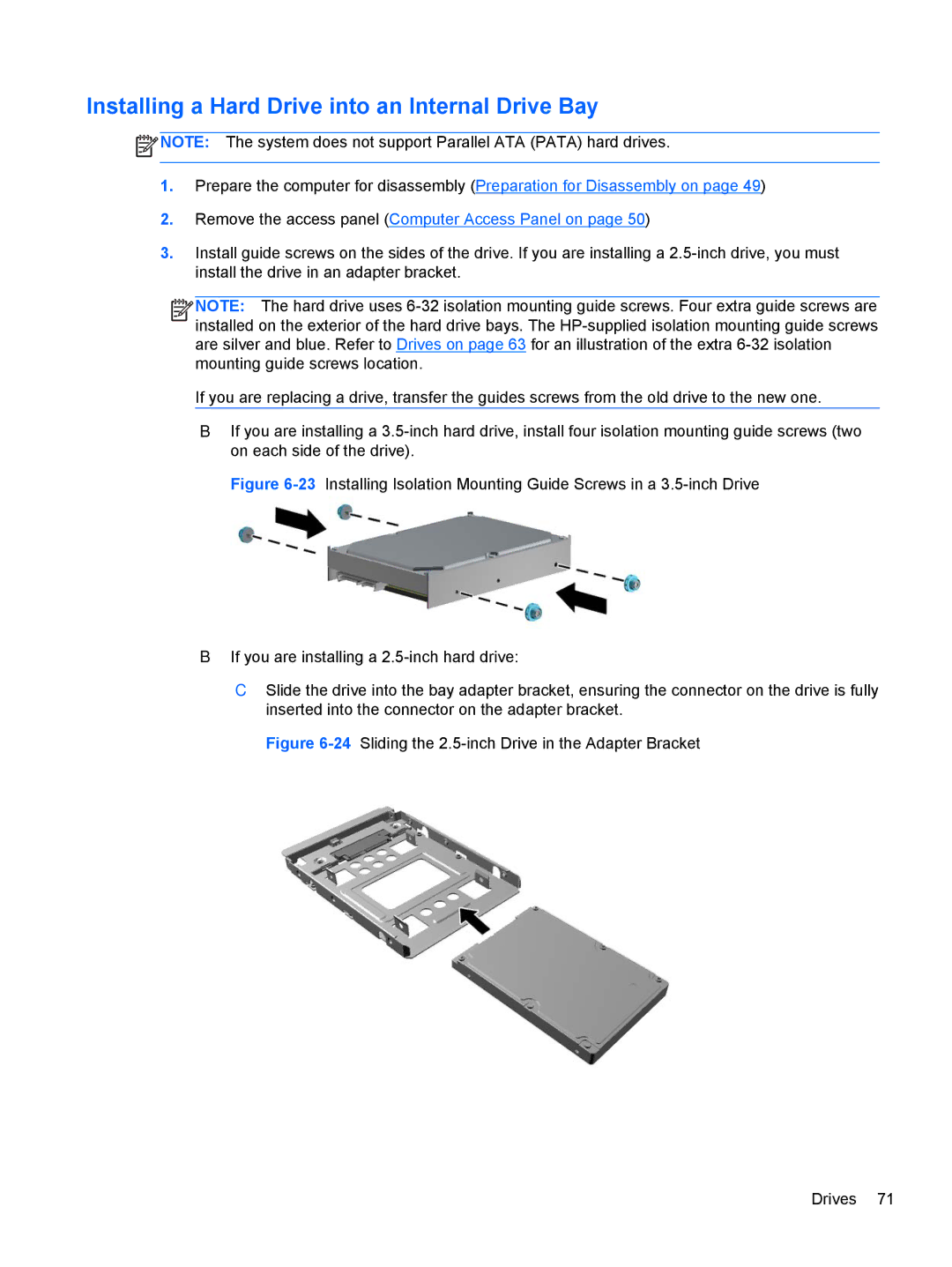 HP E3S33UT#ABA, E3S36UT#ABA, Pro 6305 C1E21UT#ABA manual Installing a Hard Drive into an Internal Drive Bay 