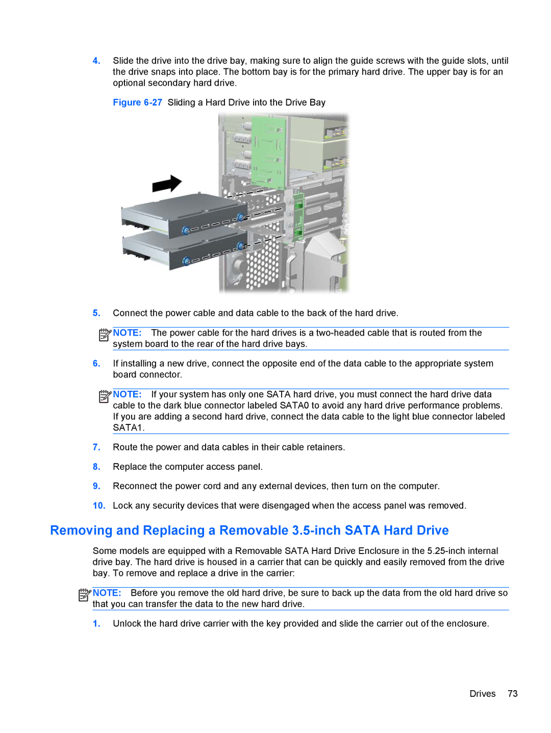 HP E3S36UT#ABA, E3S33UT#ABA, Pro 6305 C1E21UT#ABA manual Removing and Replacing a Removable 3.5-inch Sata Hard Drive 