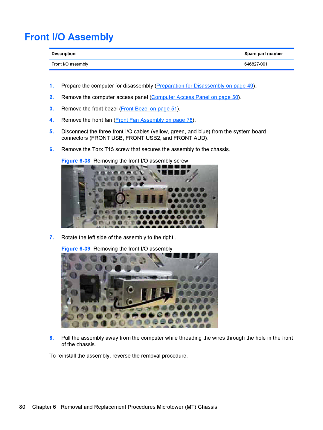 HP E3S33UT#ABA, E3S36UT#ABA manual Front I/O Assembly, Description Spare part number Front I/O assembly 646827-001 