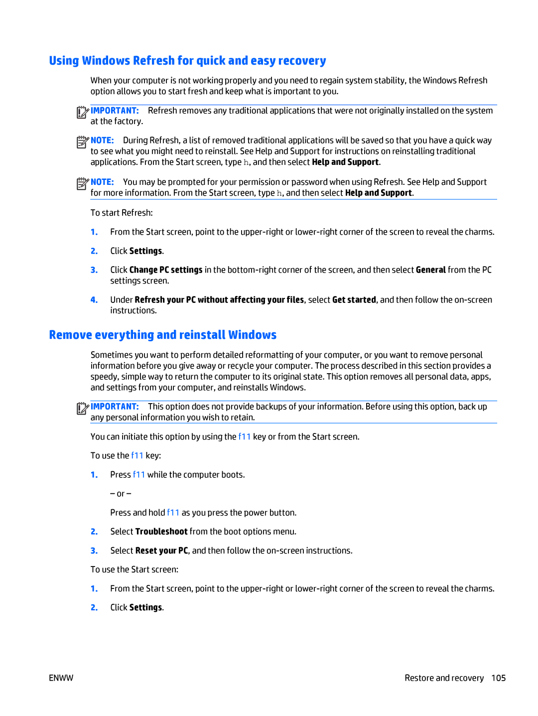 HP E3U59UT 15.6' E3U59UT#ABA Using Windows Refresh for quick and easy recovery, Remove everything and reinstall Windows 