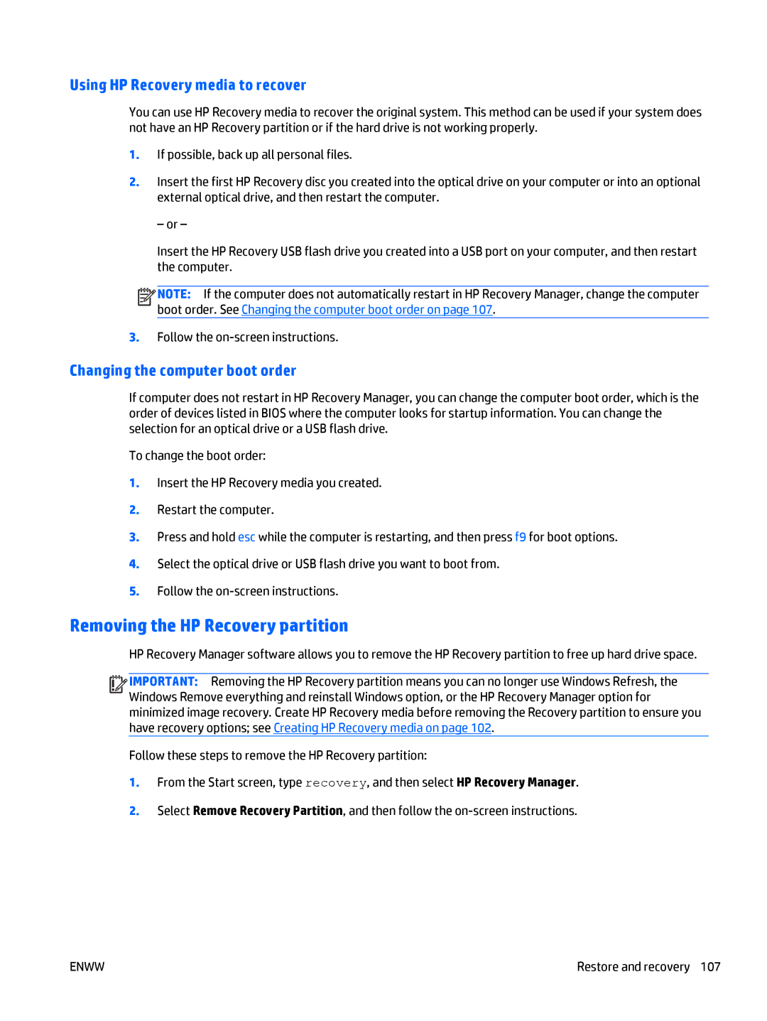 HP E3U59UT 15.6' E3U59UT#ABA manual Removing the HP Recovery partition, Using HP Recovery media to recover 