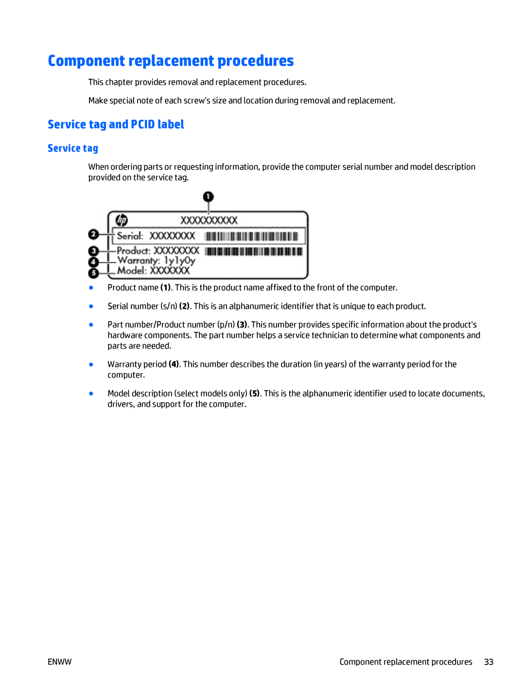 HP E3U59UT 15.6' E3U59UT#ABA manual Component replacement procedures, Service tag and Pcid label 