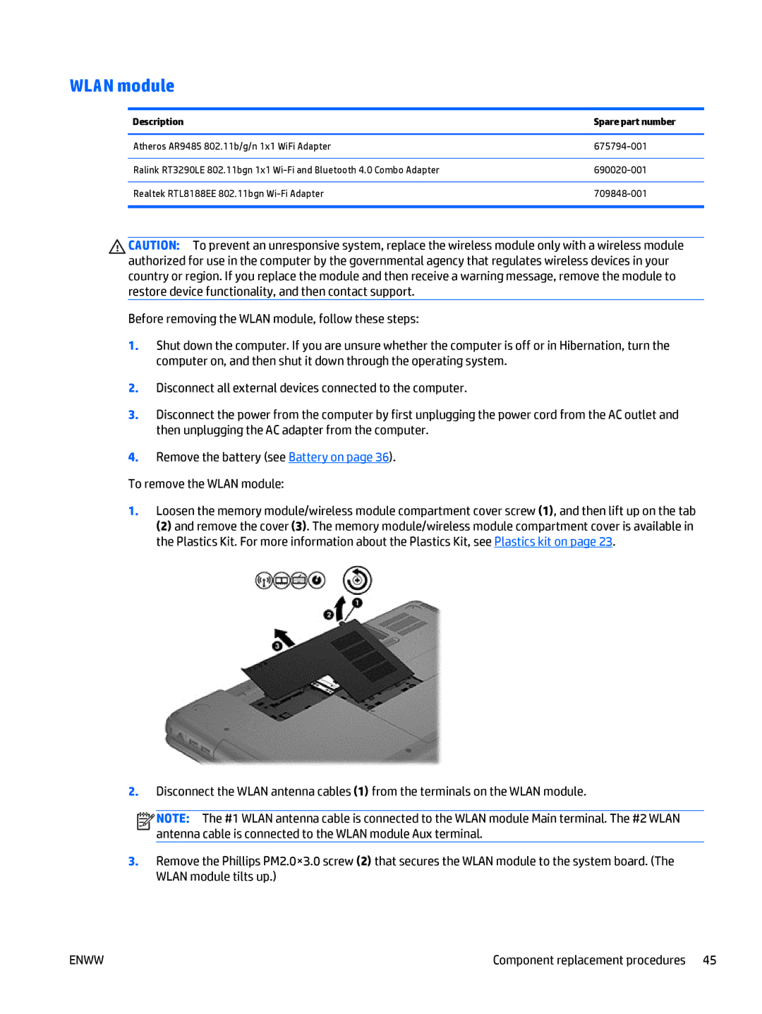 HP E3U59UT 15.6' E3U59UT#ABA manual Wlan module, Description Spare part number 