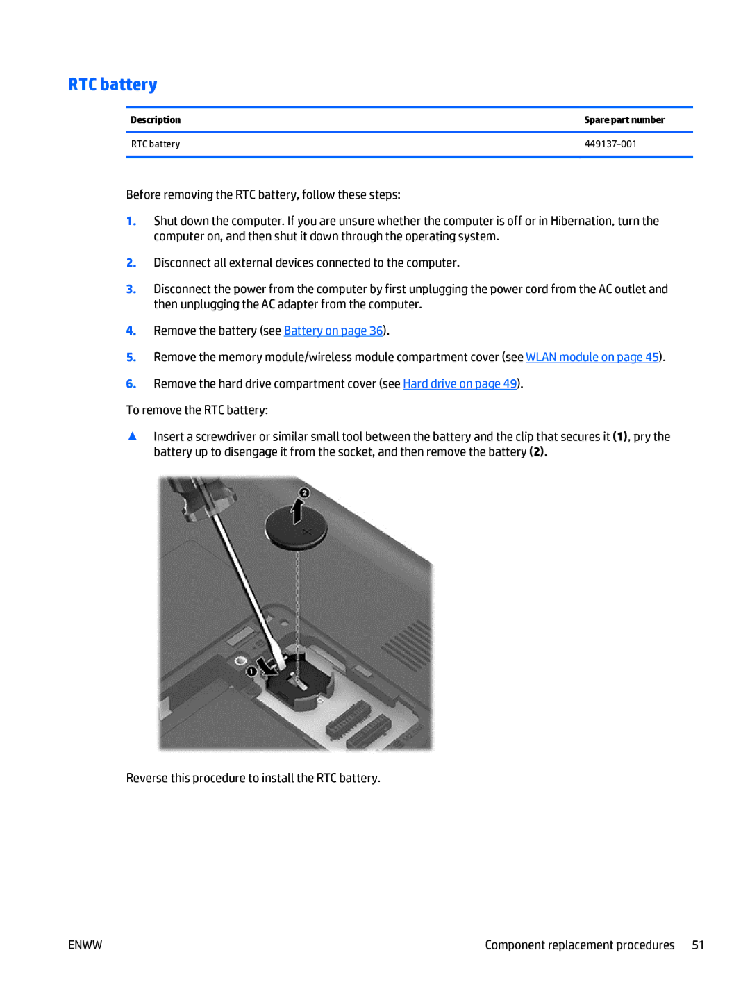HP E3U59UT 15.6' E3U59UT#ABA manual Description Spare part number RTC battery 449137-001 