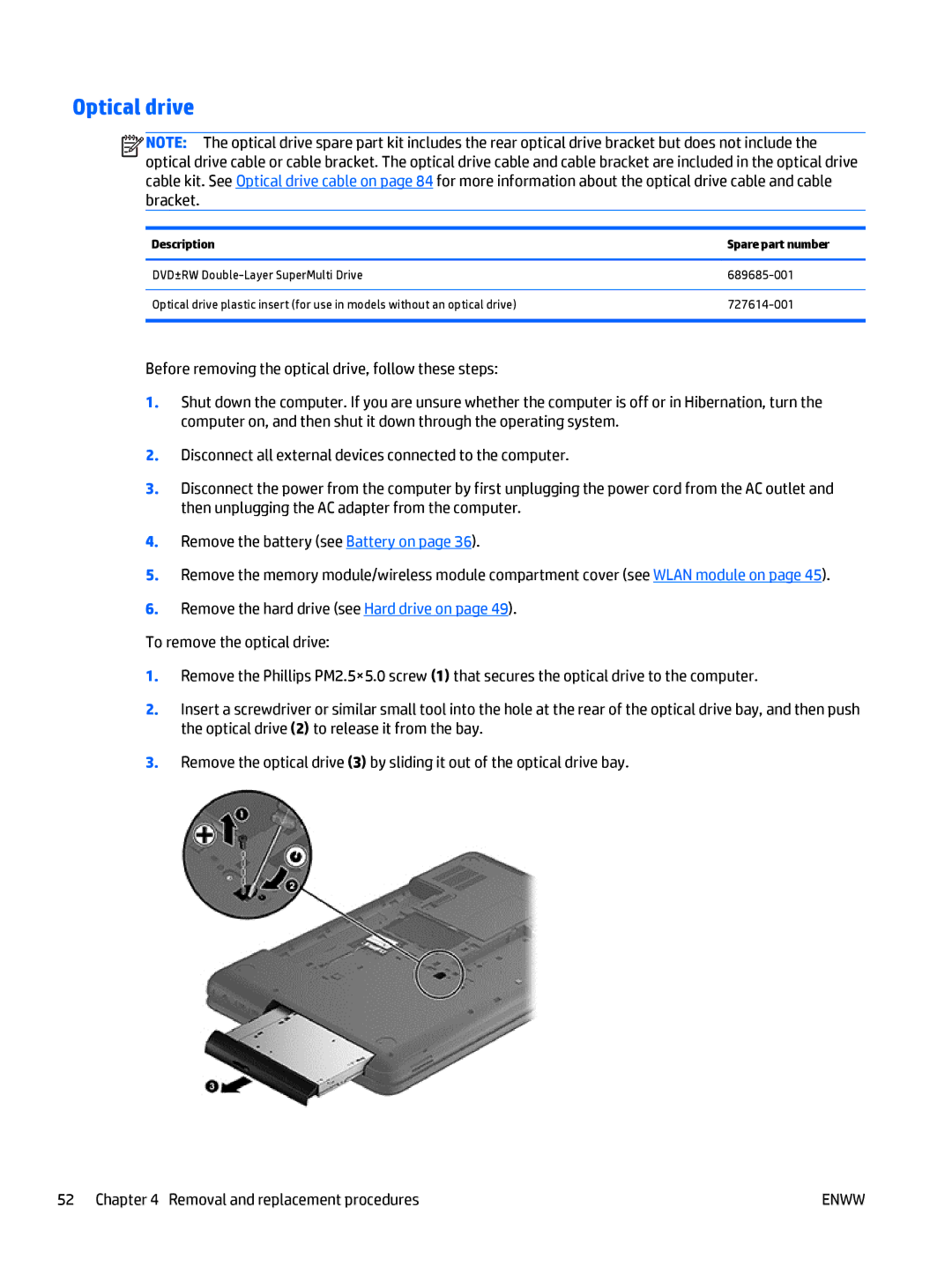 HP E3U59UT 15.6' E3U59UT#ABA manual Optical drive, Description Spare part number 