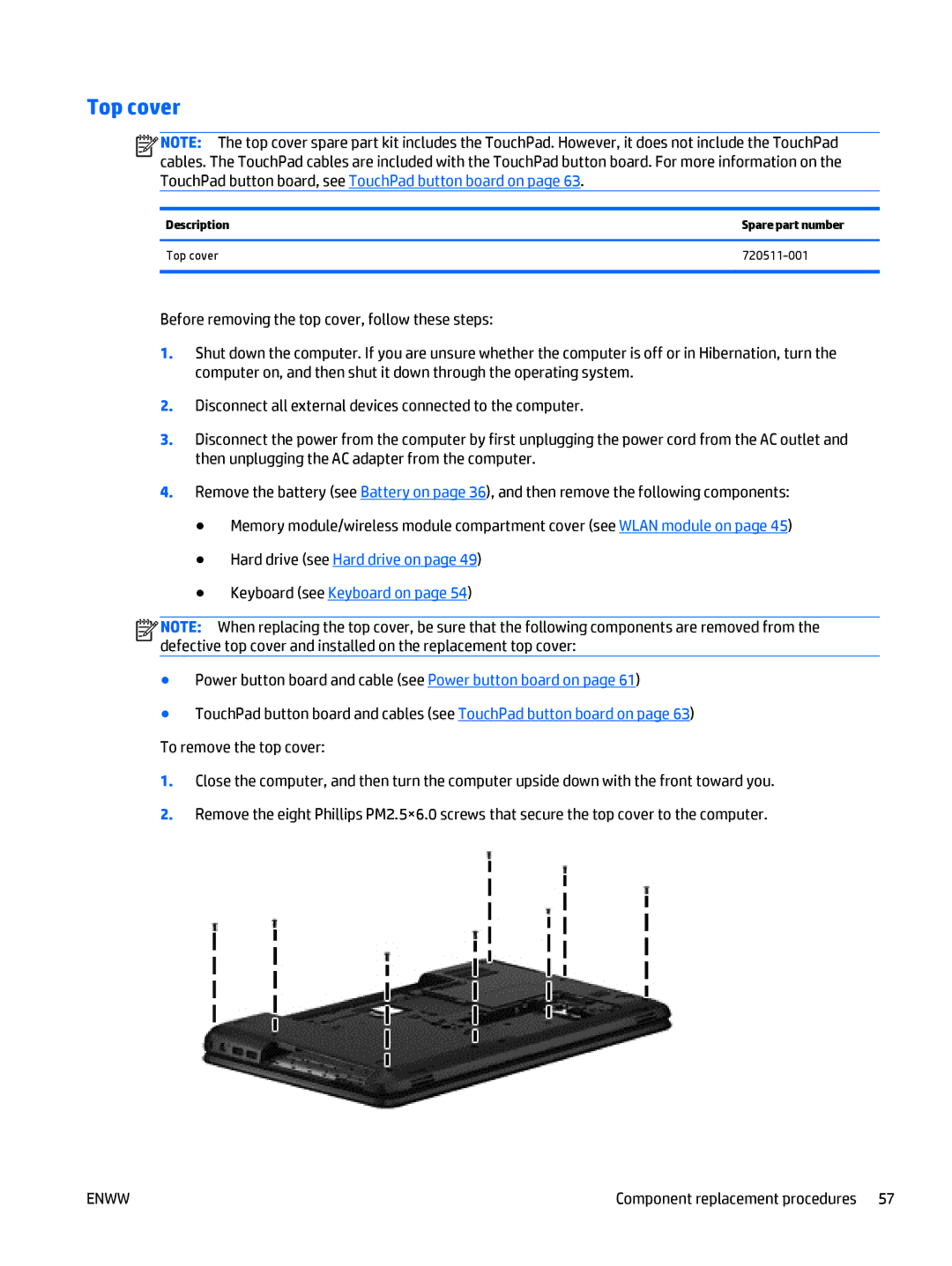 HP E3U59UT 15.6' E3U59UT#ABA manual Description Spare part number Top cover 720511-001 