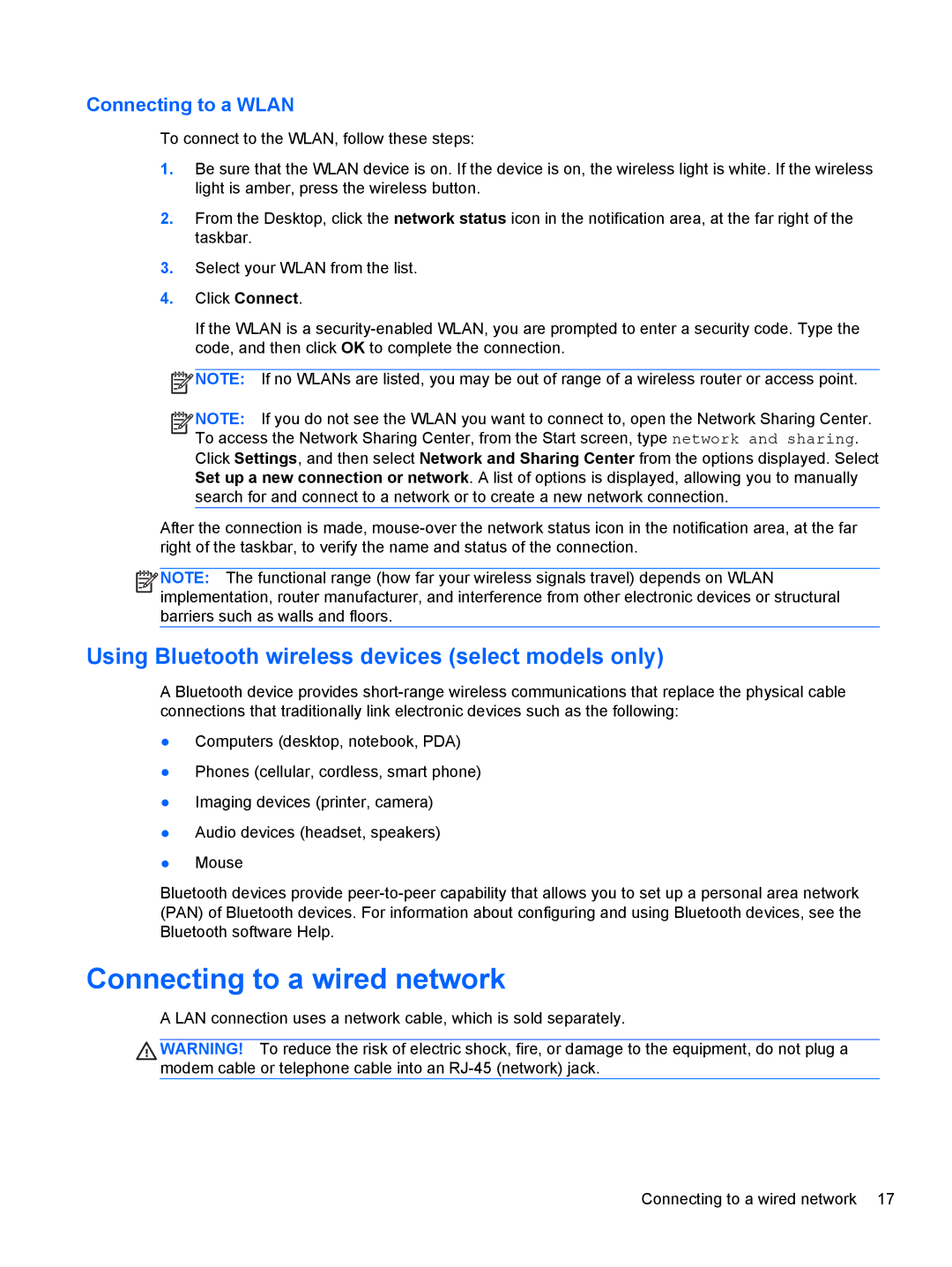 HP C2M41UA#ABA Connecting to a wired network, Using Bluetooth wireless devices select models only, Connecting to a Wlan 