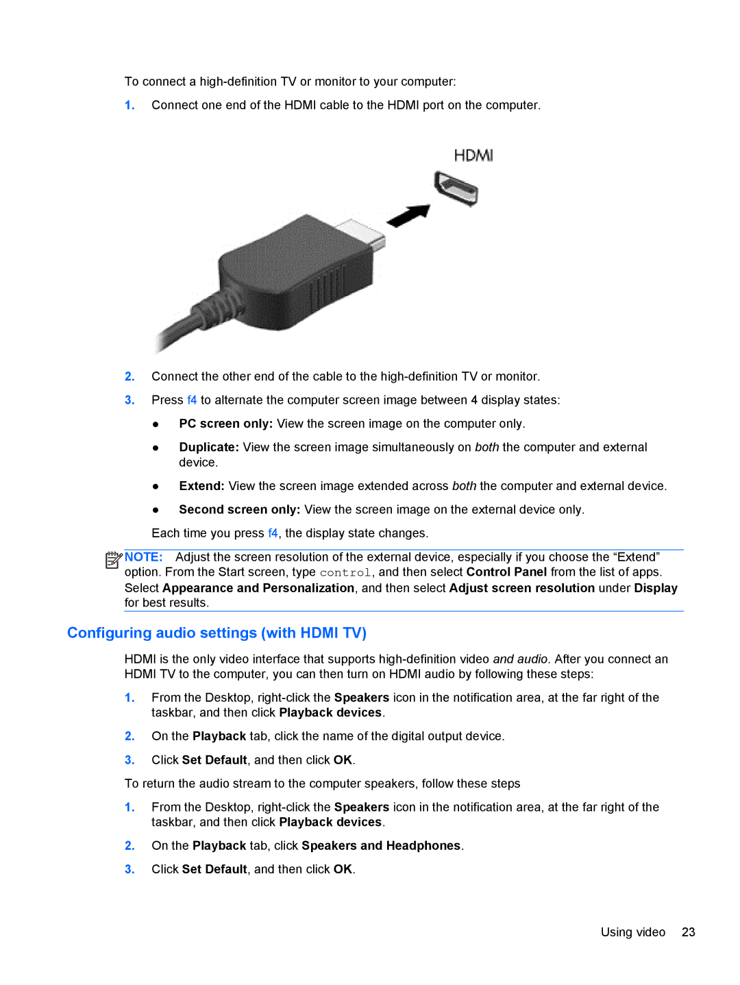 HP E0P69UA#ABA, E3U63UT#ABA, D1E91UA#ABA, C2N26UA#ABA, D1E07UAABA, C2M41UA#ABA, B2F59EC Configuring audio settings with Hdmi TV 