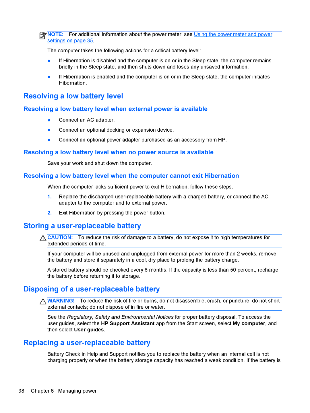 HP B2F59EC Resolving a low battery level, Storing a user-replaceable battery, Disposing of a user-replaceable battery 