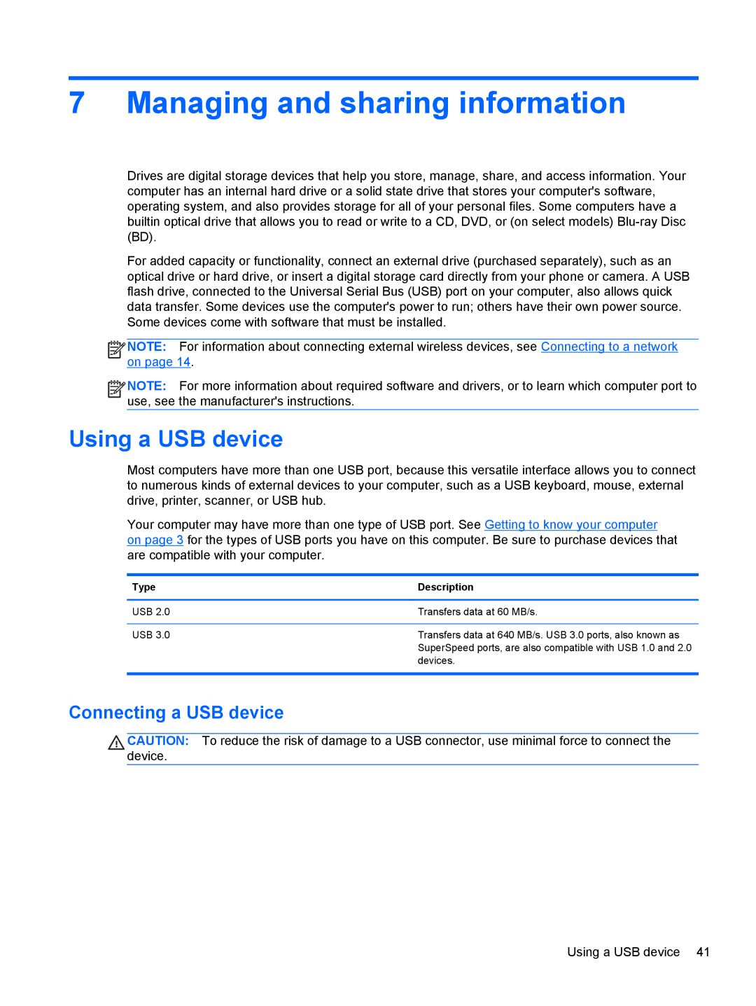 HP 2000-2b59WM, D1E07UAABA Managing and sharing information, Using a USB device, Connecting a USB device, Type Description 