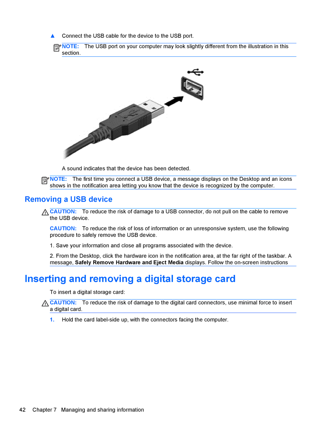 HP E3U63UT#ABA, E0P69UA#ABA, D1E91UA#ABA, C2N26UA#ABA Inserting and removing a digital storage card, Removing a USB device 