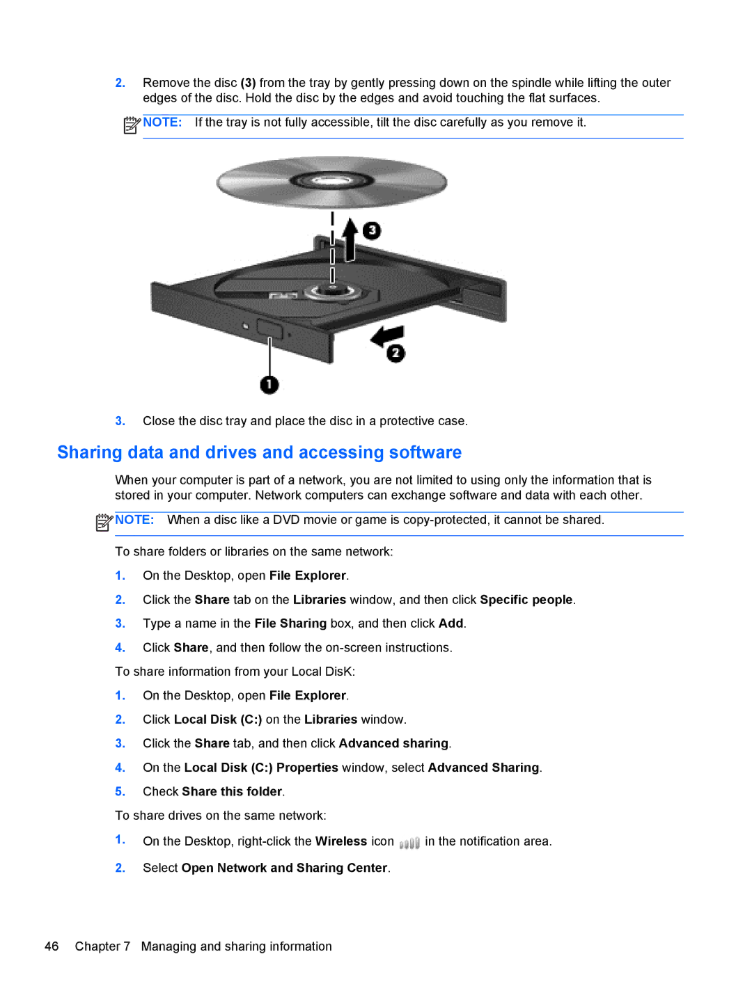 HP D1E07UAABA, E3U63UT#ABA, B2F59EC Sharing data and drives and accessing software, Select Open Network and Sharing Center 