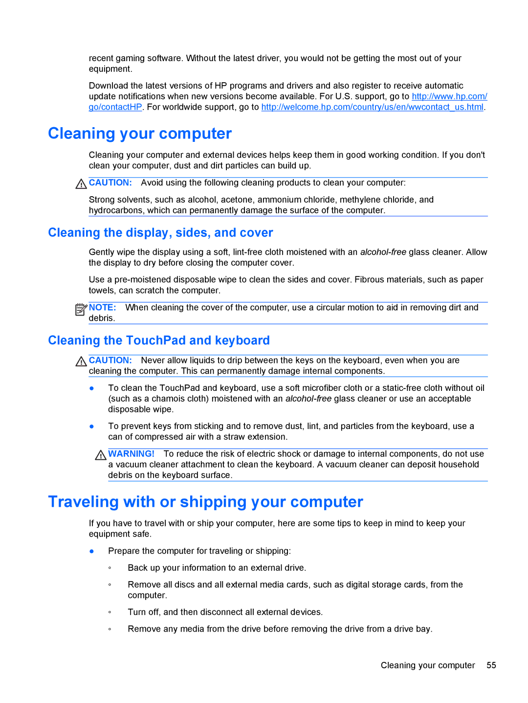 HP C2N26UA#ABA Cleaning your computer, Traveling with or shipping your computer, Cleaning the display, sides, and cover 