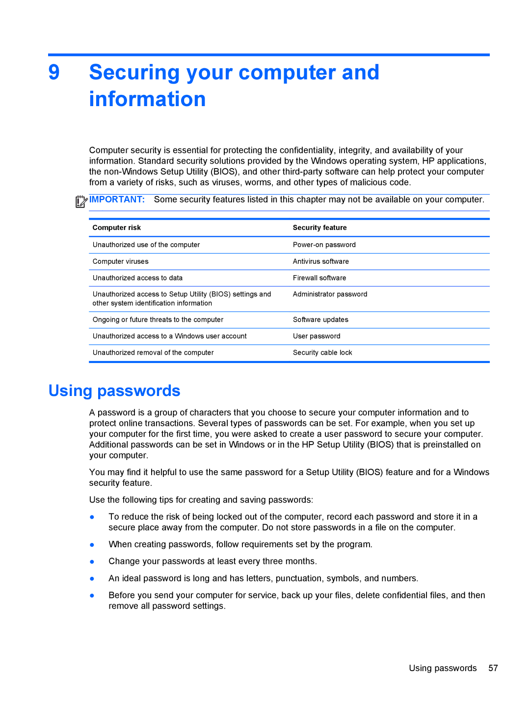 HP C2M41UA#ABA, E3U63UT#ABA manual Securing your computer and information, Using passwords, Computer risk Security feature 