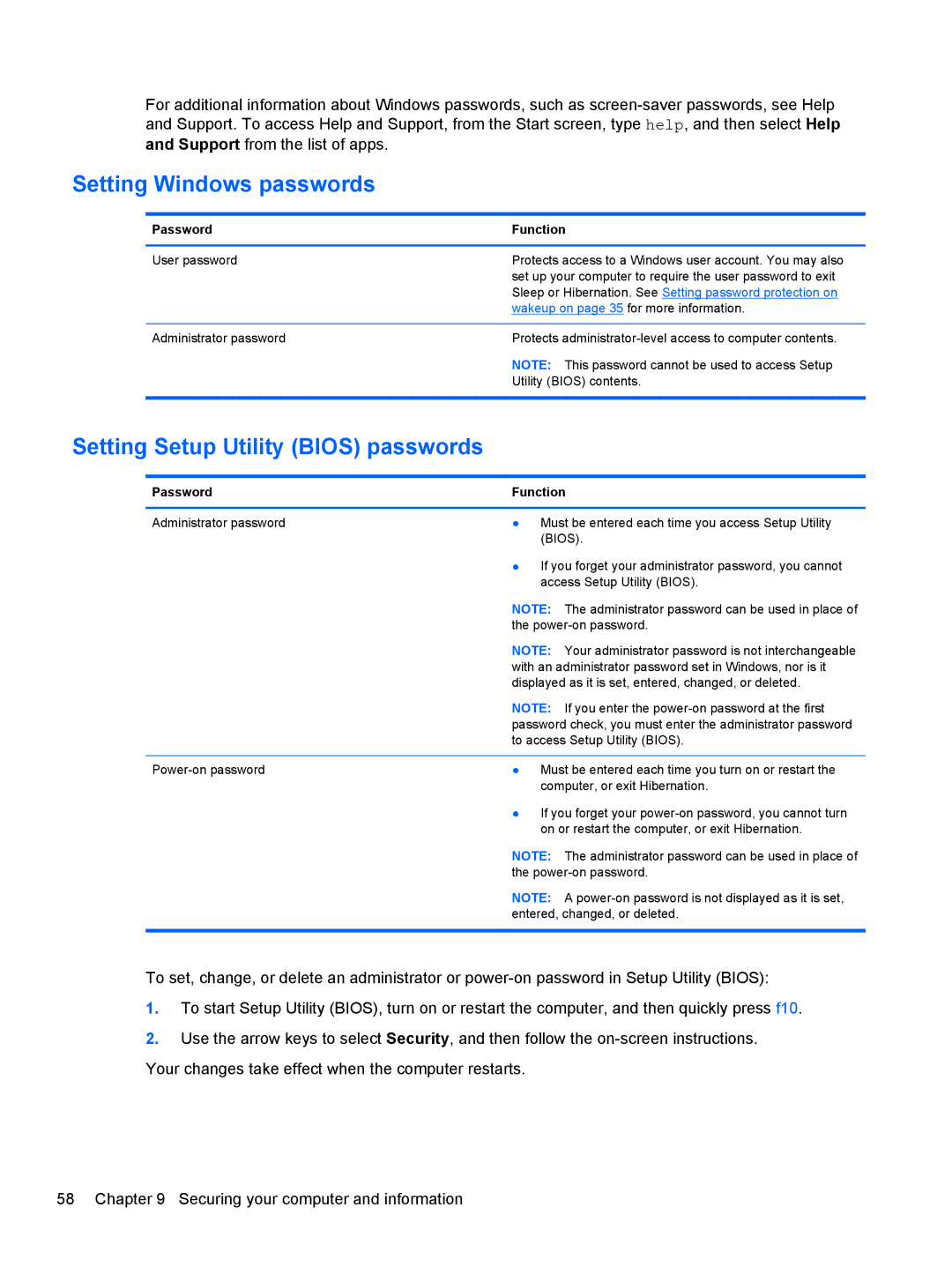 HP B2F59EC, E3U63UT#ABA, E0P69UA#ABA Setting Windows passwords, Setting Setup Utility Bios passwords, Password Function 