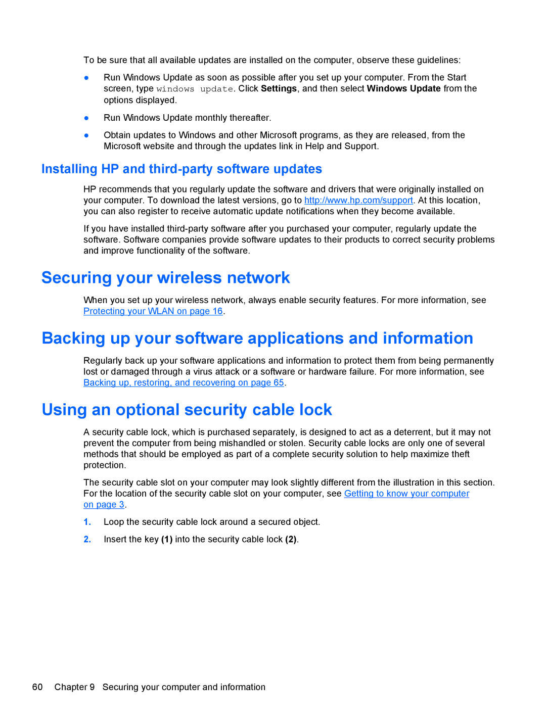 HP 2000T-2C00, E3U63UT#ABA, B2F59EC Securing your wireless network, Backing up your software applications and information 