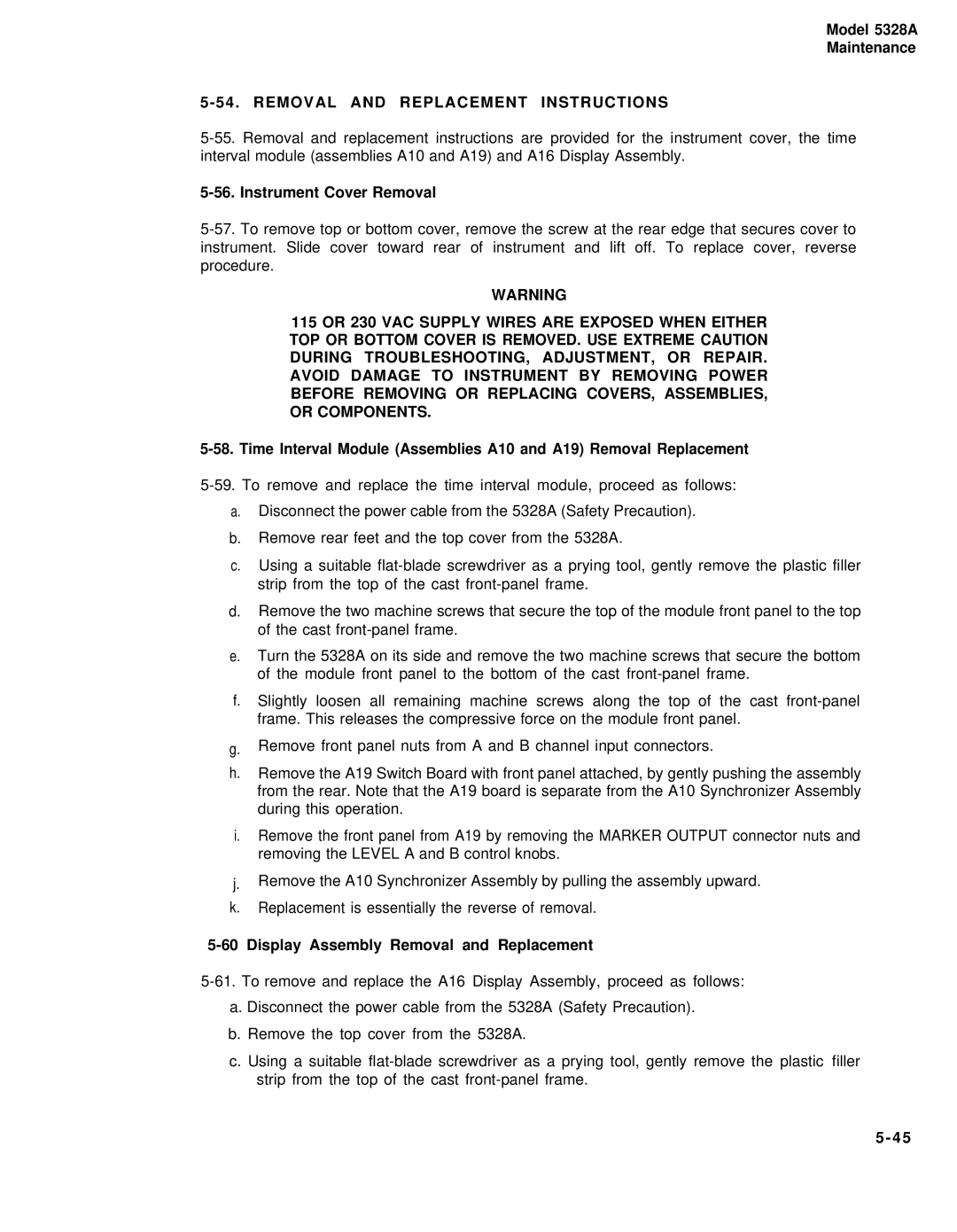 HP E42 manual Removal and Replacement Instructions, Instrument Cover Removal, 60Display Assembly Removal and Replacement 