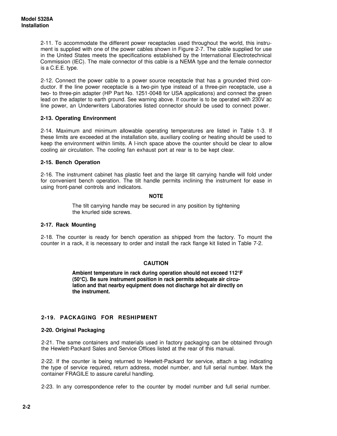 HP E42 manual Operating Environment, Bench Operation, Rack Mounting, Packaging for Reshipment, Original Packaging 