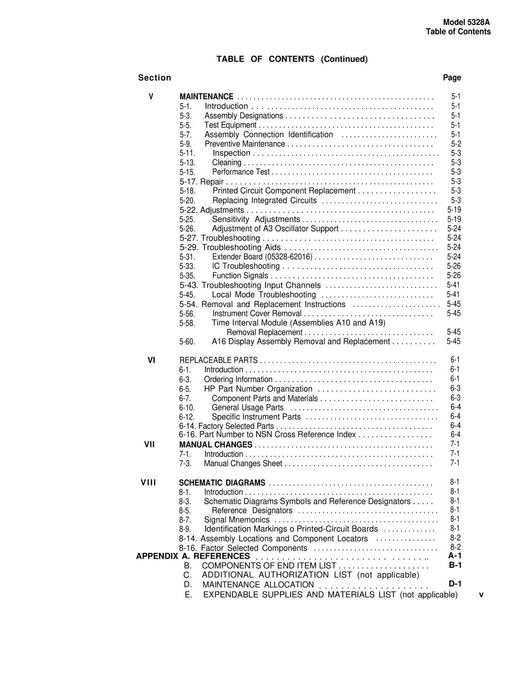 HP E42 manual Table of Contents Section, Vll, L l, Appendix A. References 