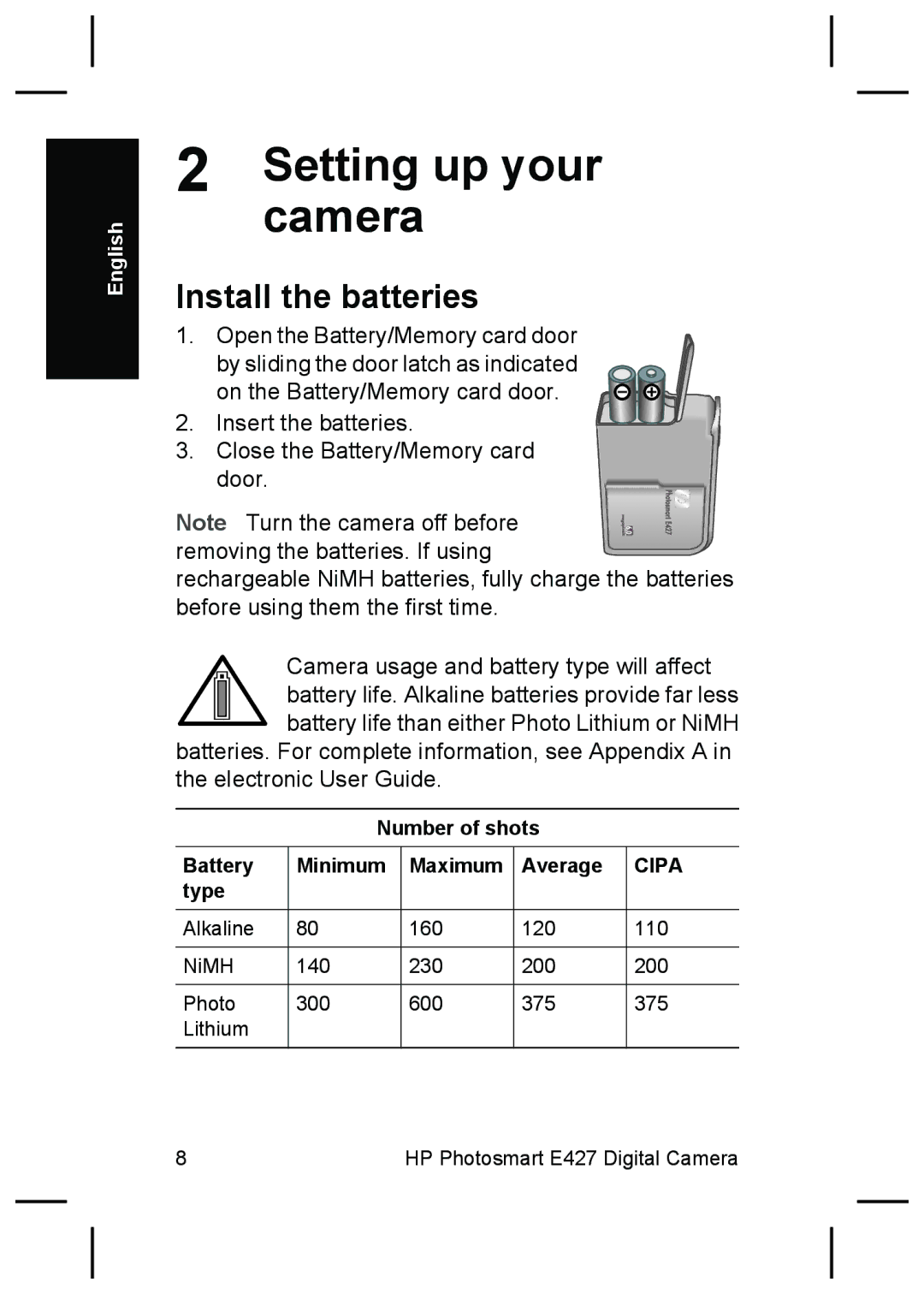 HP E427 manual Camera, Install the batteries, Number of shots Battery Minimum Maximum Average, Type 