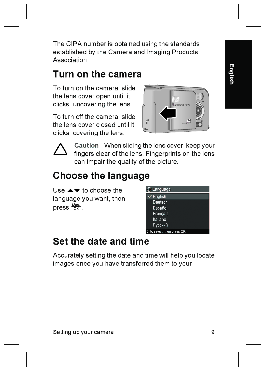 HP E427 manual Turn on the camera, Choose the language, Set the date and time 