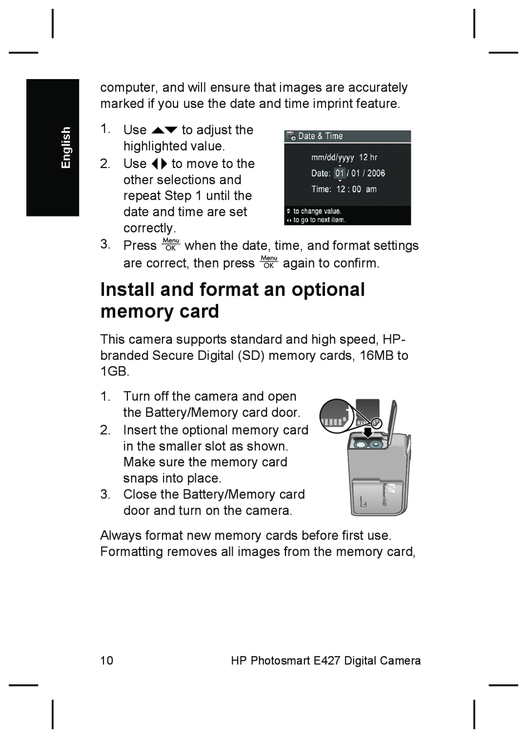 HP E427 manual Install and format an optional memory card 