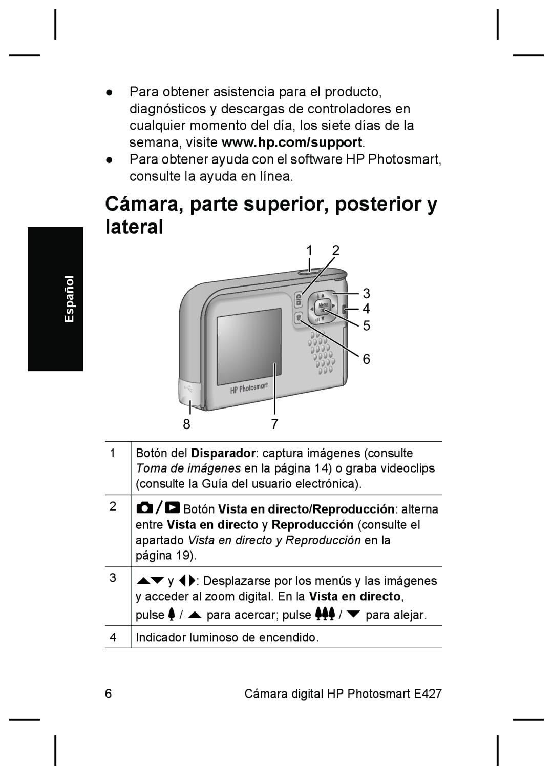 HP E427 manual Cámara, parte superior, posterior y lateral 