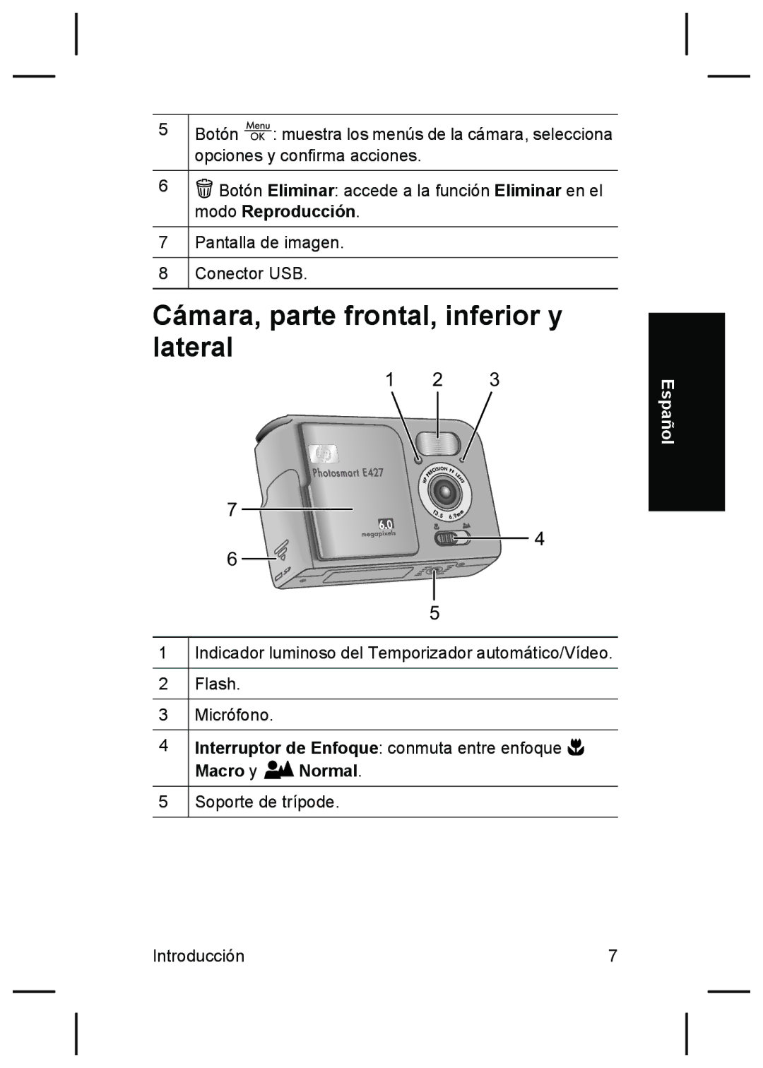 HP E427 manual Cámara, parte frontal, inferior y lateral, Macro y Normal 