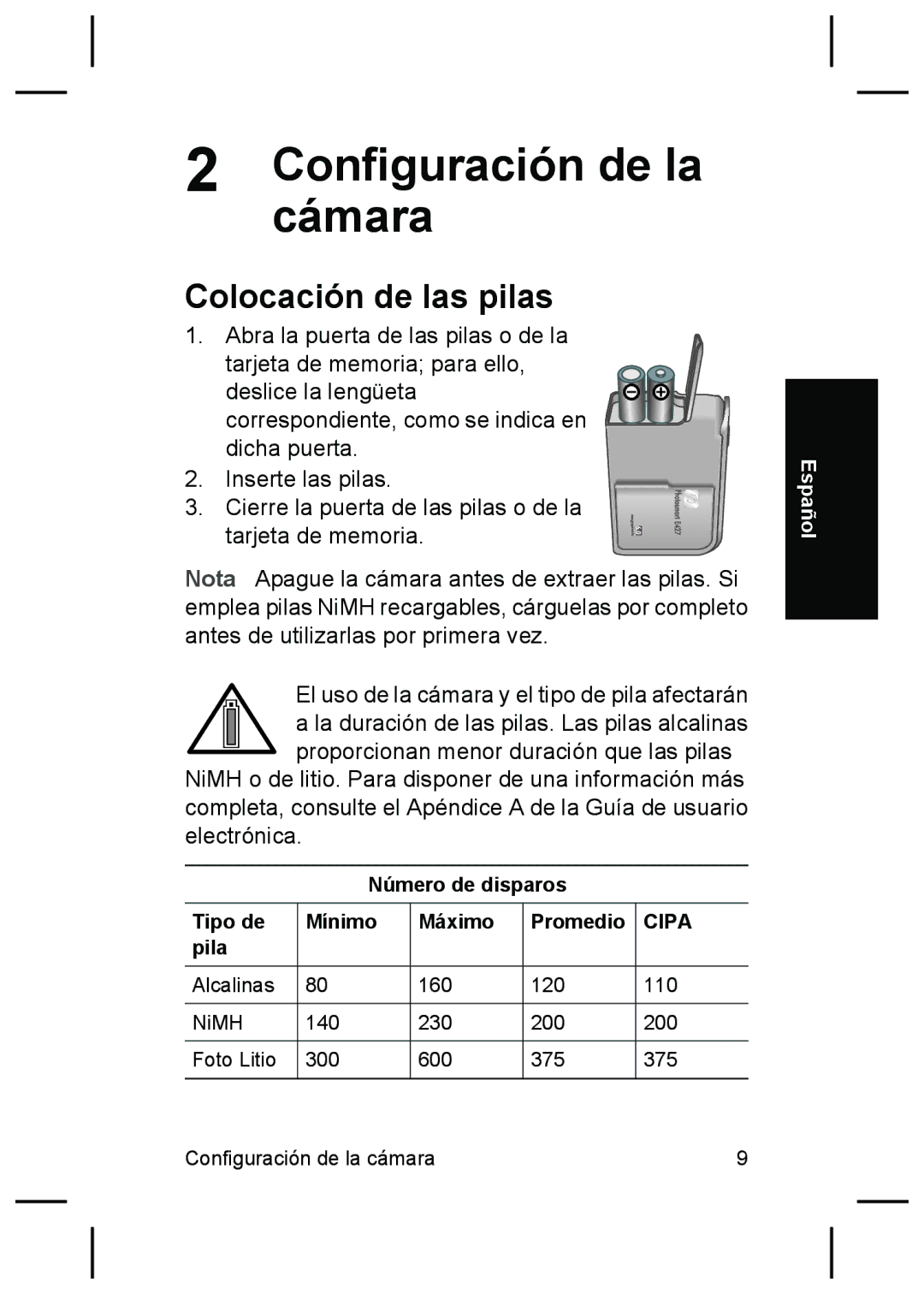 HP E427 manual Cámara, Colocación de las pilas, Número de disparos Tipo de Mínimo Máximo Promedio, Pila 