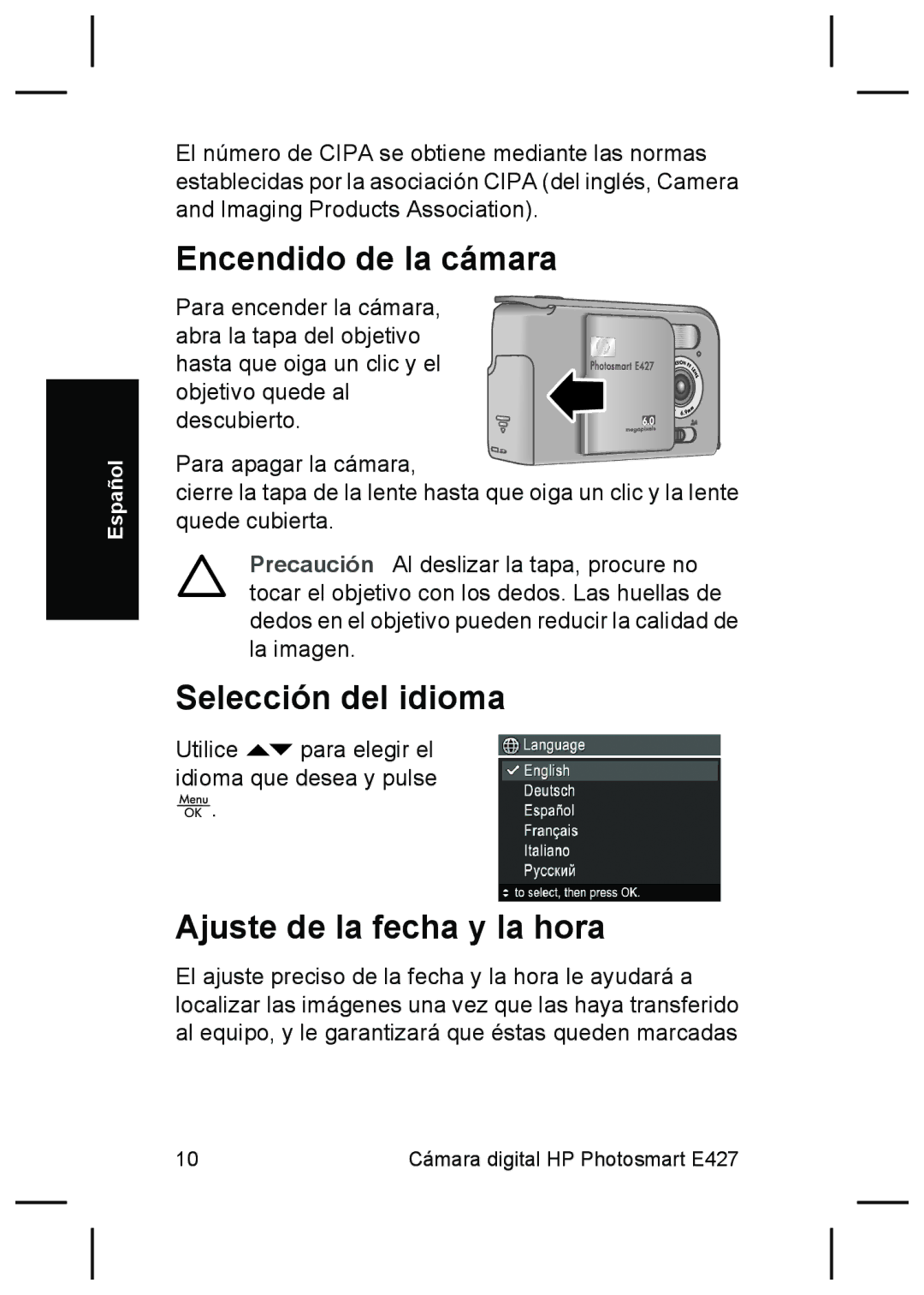 HP E427 manual Encendido de la cámara, Selección del idioma, Ajuste de la fecha y la hora 