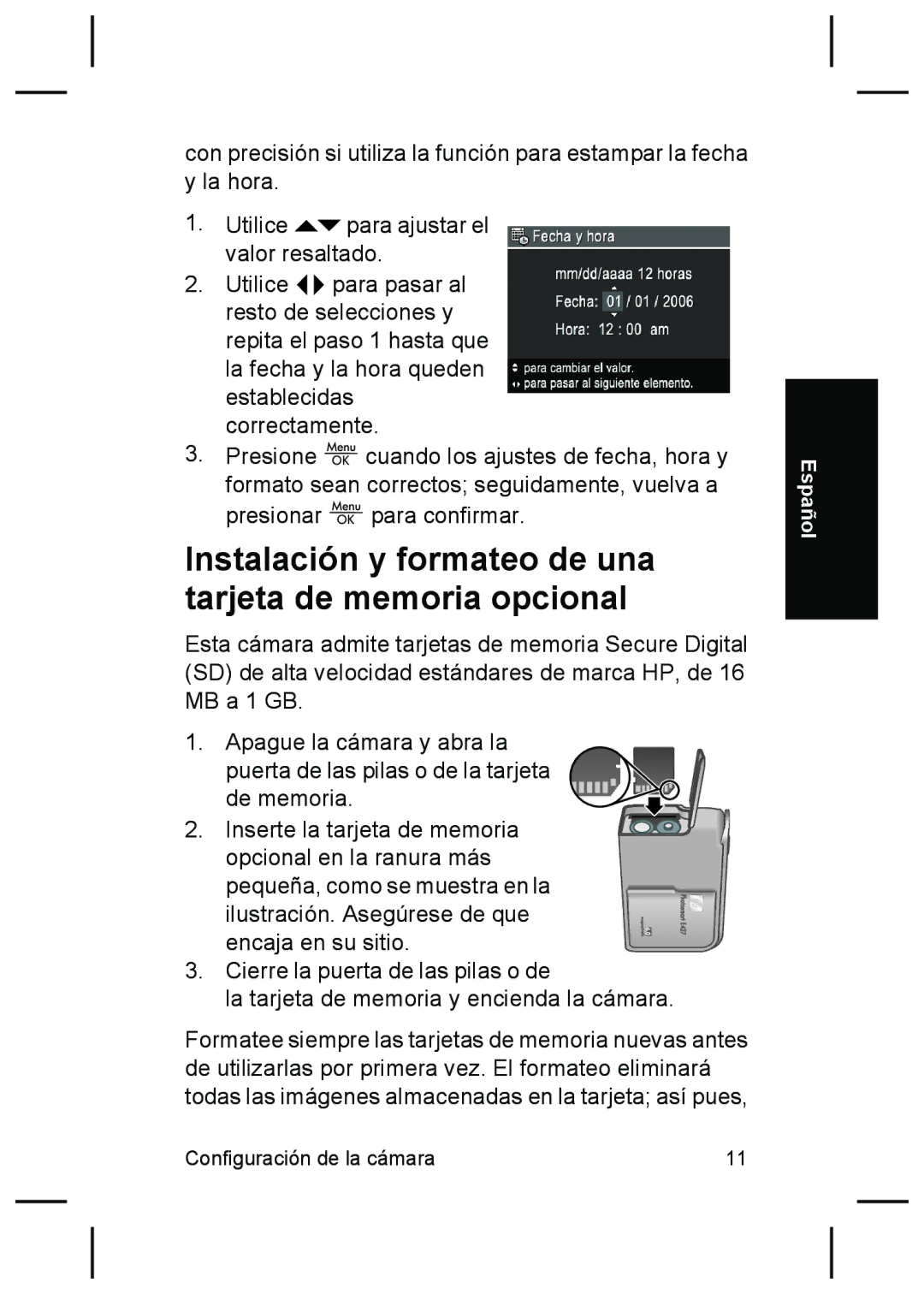 HP E427 manual Instalación y formateo de una tarjeta de memoria opcional 